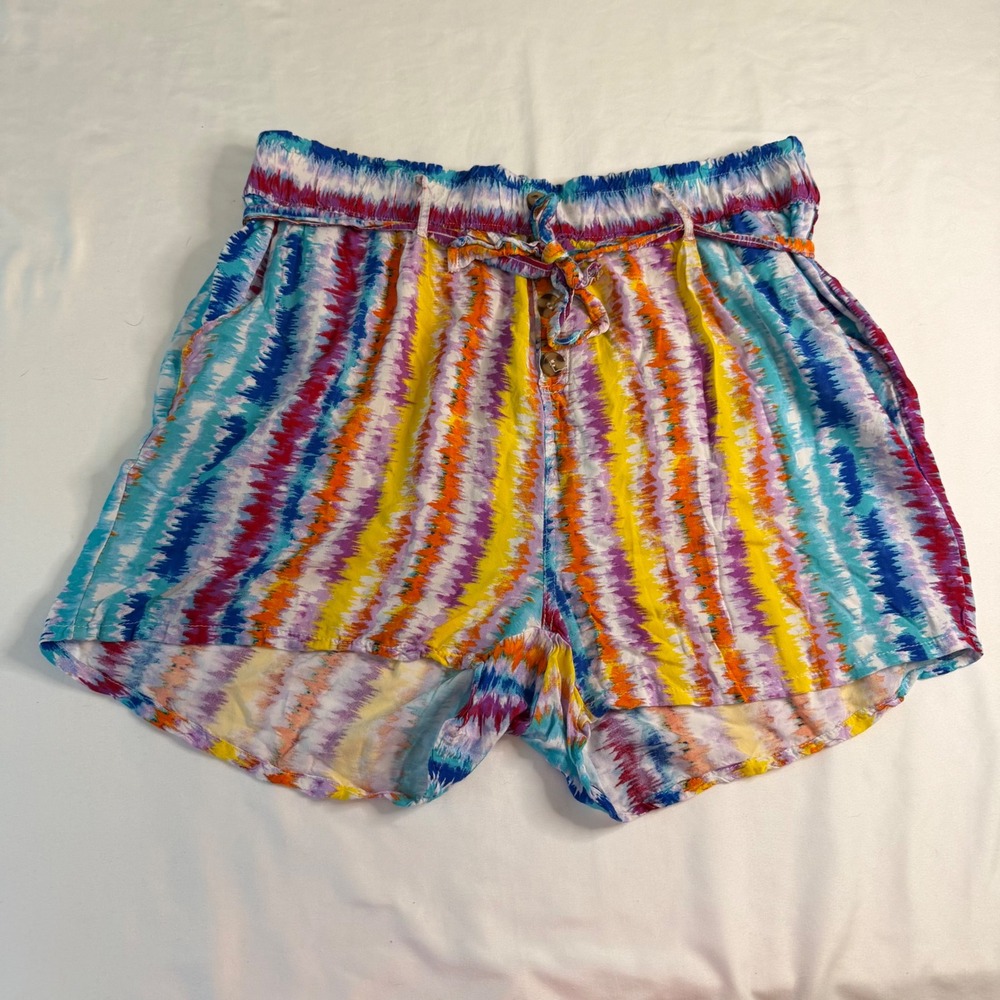 Taxi Women 2X Multicolor Ikat Chevron Rayon Shorts Elastic Waist Tie Front
